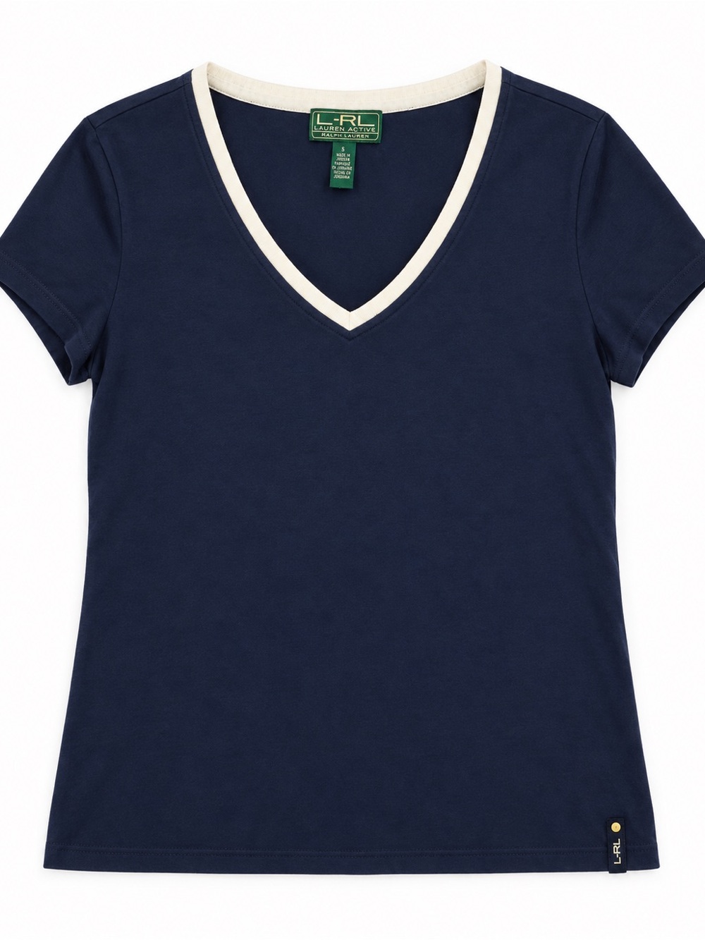 Ralph Lauren Navy V-Neck Tee with Cream Trim